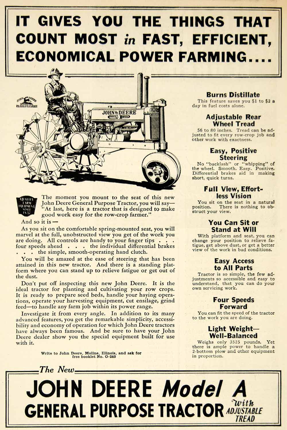 1934 Ad John Deer Modèle Une Machine De Tracteur À Usage Général...