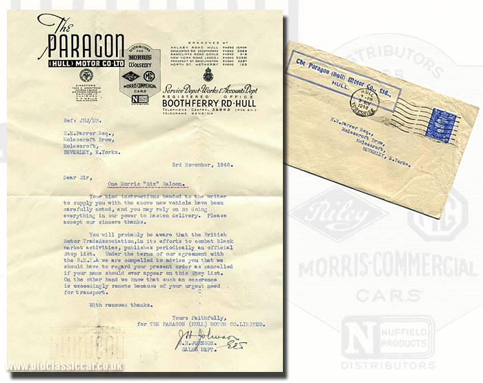 Lettre concernant une voiture Morris Six de la Paragon (Hull) Motor Car Co.