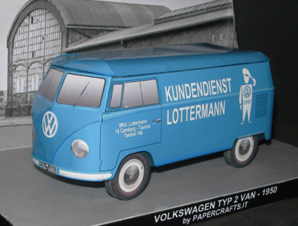 Il s'agit du modèle en papier d'une fourgonnette à panneau Volkswagen typ 2 de 1950.
